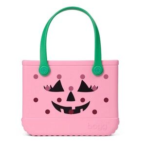 Pink Pumpkin Face Tote Bag with Green Handles Bogg bag
